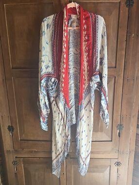 Free People Red & Blue Paisley Draped Kimono